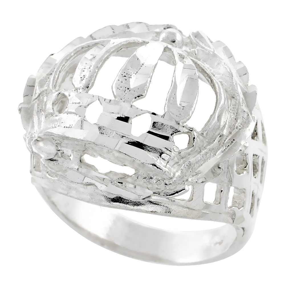 Sterling Silver Crown Ring Wreath Border Diamond Cut Finish 15/16 inch wide, sizes 8 - 13