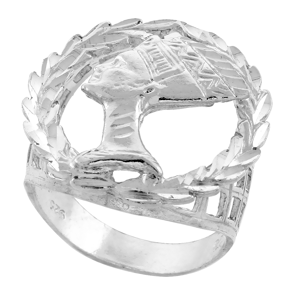 Sterling Silver Queen Nefertiti Ring Wreath Border Diamond Cut Finish 1 inch wide, sizes 8 - 13