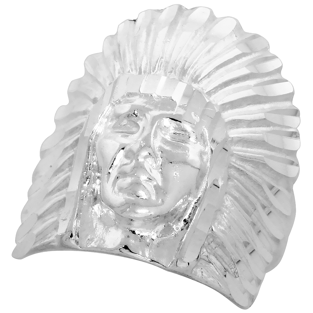 Sterling Silver Indian Head Ring large Bonnet Diamond Cut Finish 15/16 inch wide, sizes 8 - 13