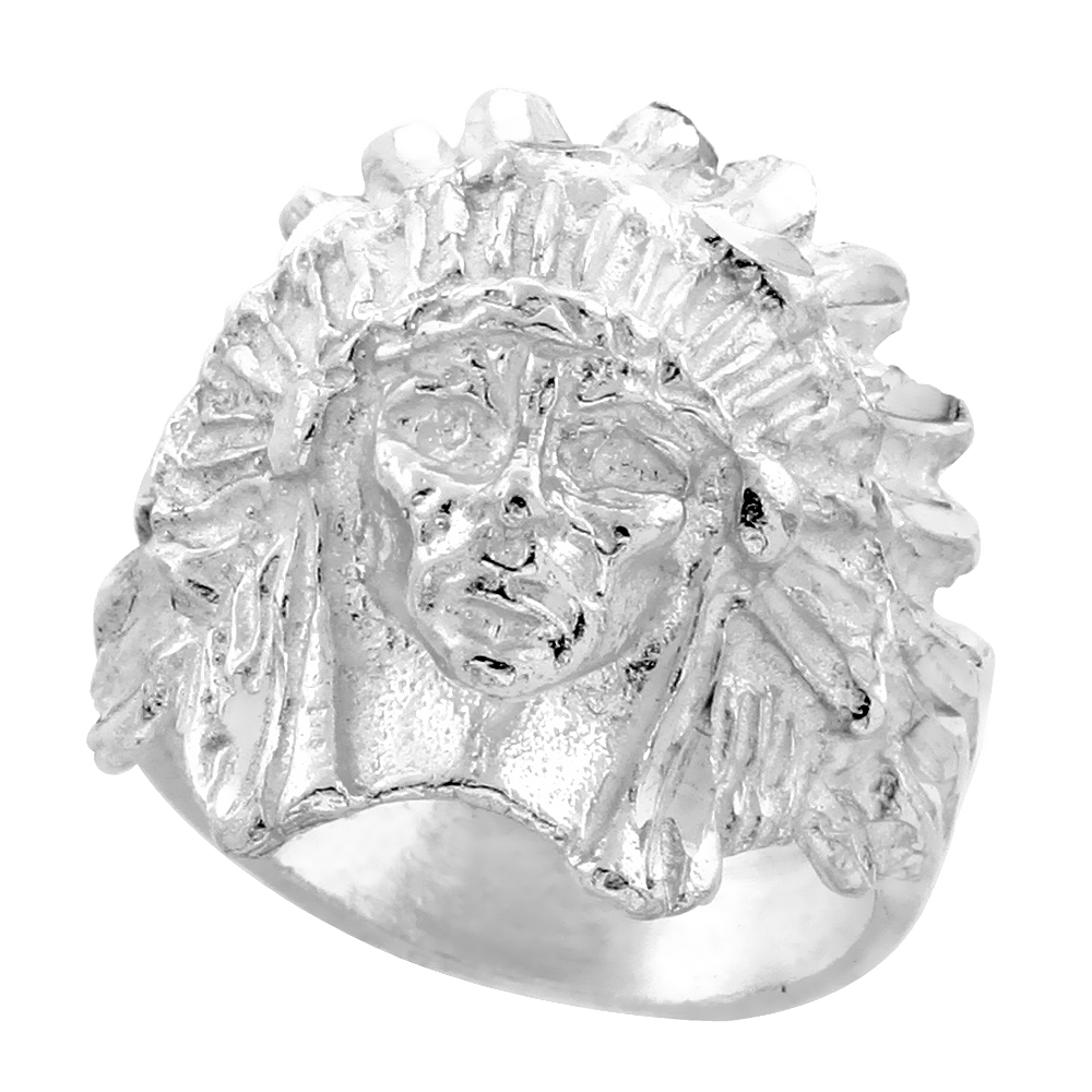 Sterling Silver Indian Chief Ring Bonnet Diamond Cut Finish 7/8 inch wide, sizes 8 - 13