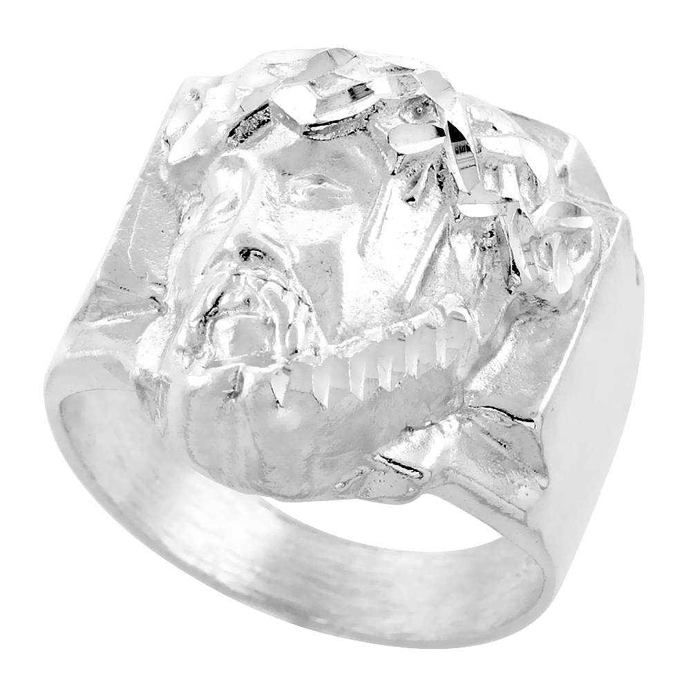 Sterling Silver Jesus Christ Ring Crown of Thorns Diamond Cut Finish 13/16 inch wide, sizes 8 - 13