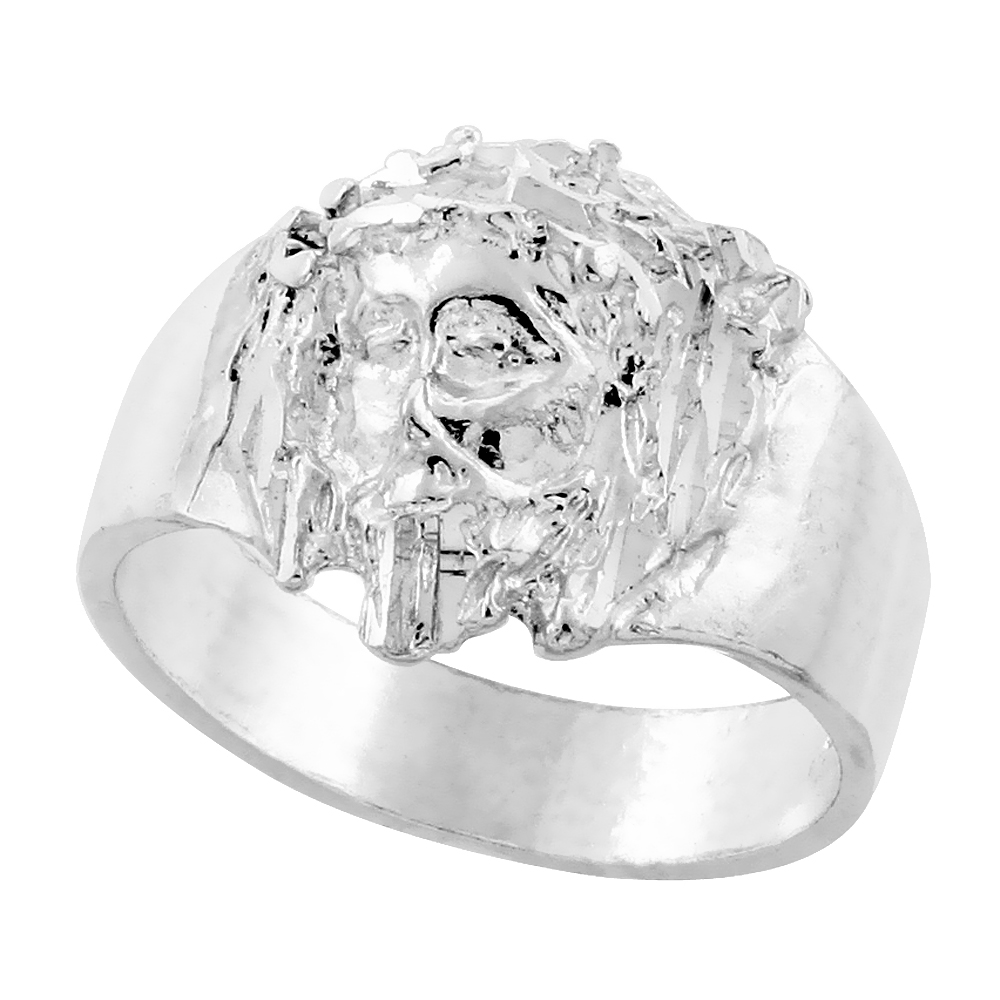 Sterling Silver Jesus Christ Ring Crown of Thorns Diamond Cut Finish 9/16 inch wide, sizes 8 - 13
