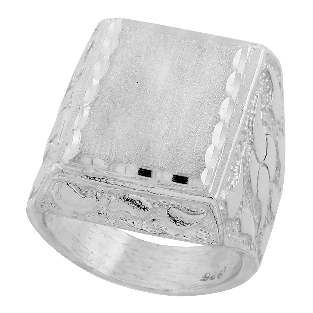 Sterling Silver Nugget Signet Ring Rectangular Diamond Cut Finish 1 inch wide, sizes 8 - 13