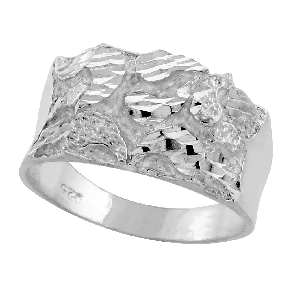 Sterling Silver Nugget Ring Diamond Cut Finish 1/2 inch wide, sizes 8 - 13