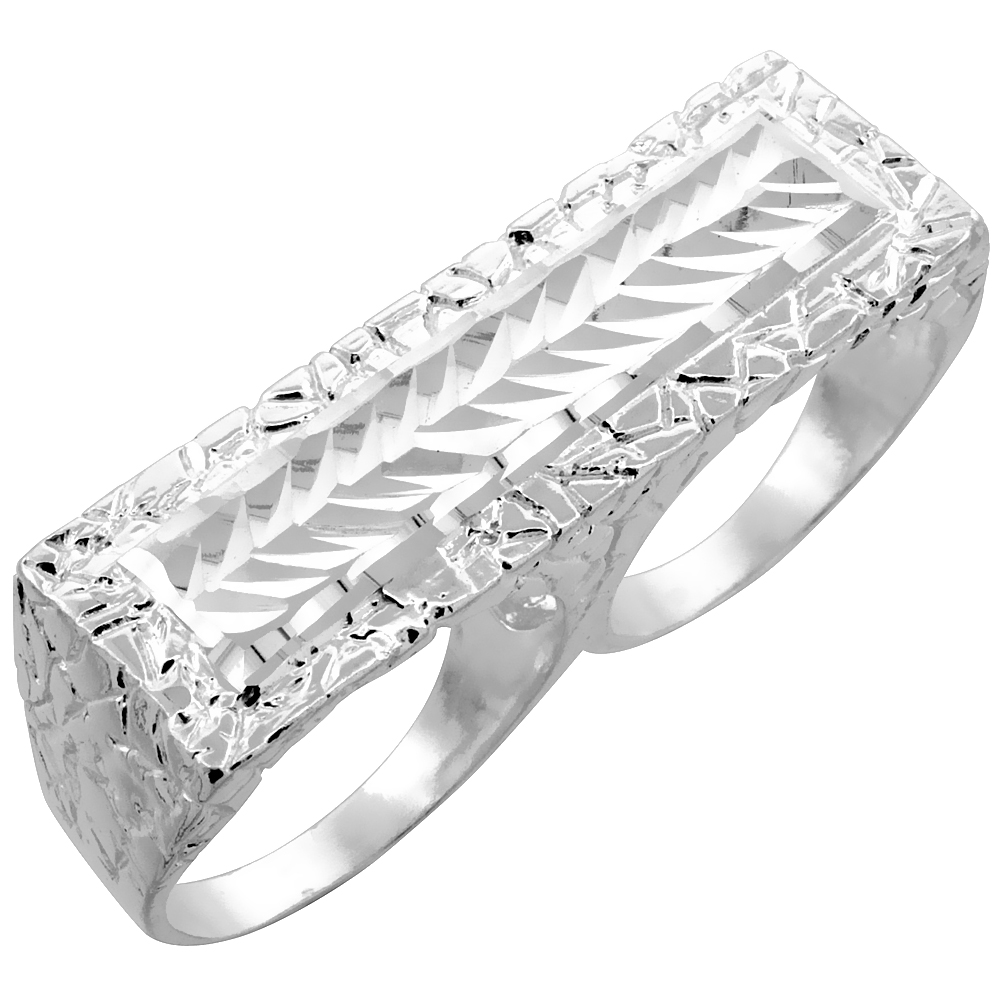 Sterling Silver Double Finger Nugget Ring Diamond Cut Finish 9/16 inch wide,