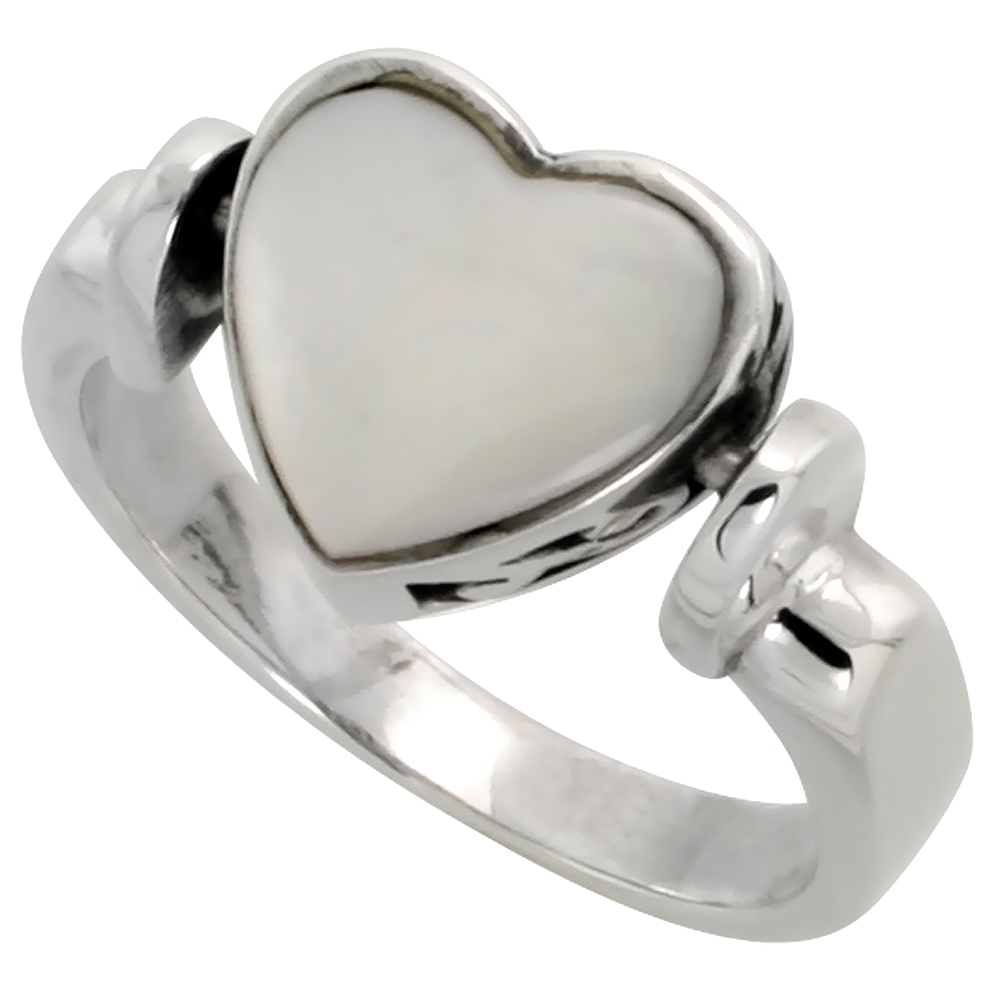 Sterling Silver Heart Ring w/ Mother of Pearl, 3/8 inch (10 mm) wide