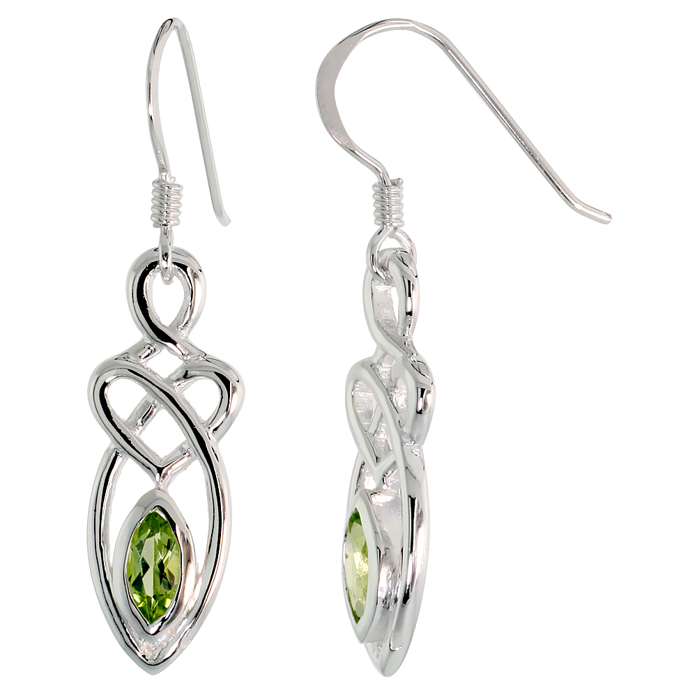 Sterling Silver Genuine Peridot Celtic Motherhood Knot Earrings, 1 1/4 inch