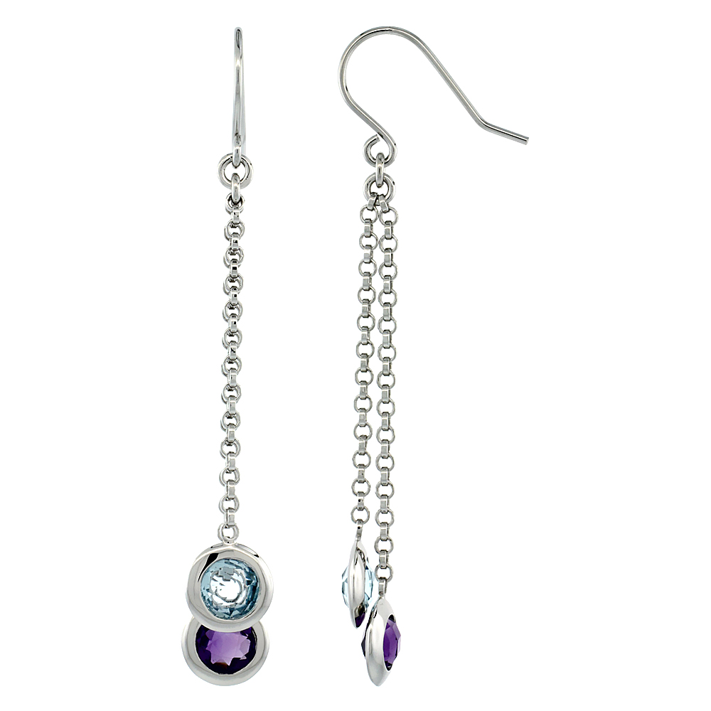 Sterling Silver Natural Stone Dangle Earrings w/ 6mm Amethyst & Blue Topaz Drop, 2 3/8 in. (61 mm) tall