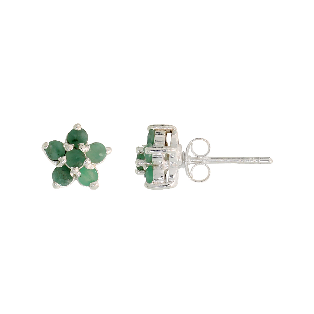 Sterling Silver Flower Cluster Natural Emerald Stone Stud Earrings, 5/16 in. (8 mm) tall