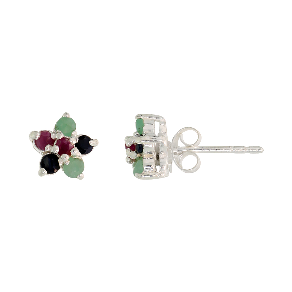 Sterling Silver Flower Cluster Natural Emerald, Ruby & Blue Sapphire Stone Stud Earrings, 5/16 in. (8 mm) tall