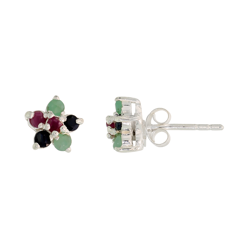 Sterling Silver Flower Cluster Natural Emerald, Ruby &amp; Blue Sapphire Stone Stud Earrings, 5/16 in. (8 mm) tall