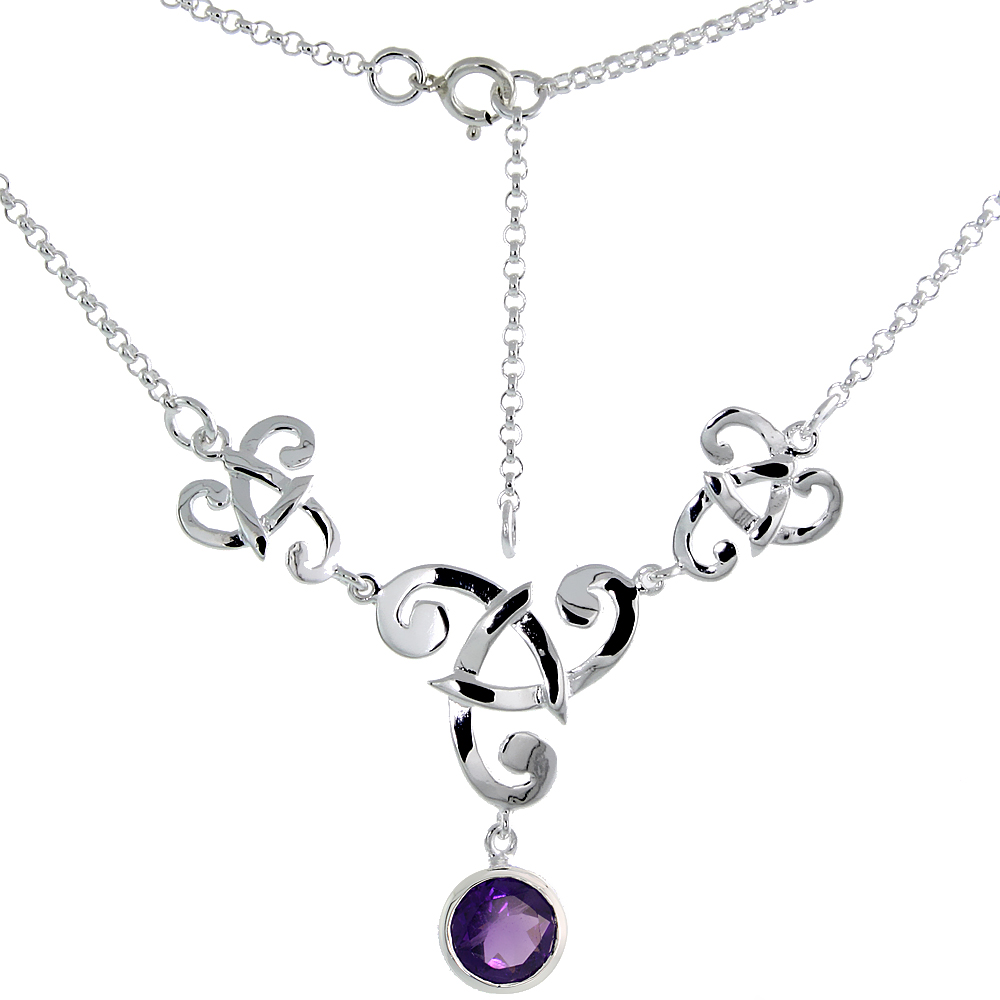 Sterling Silver Celtic Fish Trinity Triquetra Knot Necklace with Natural Amethyst, 16 inch long