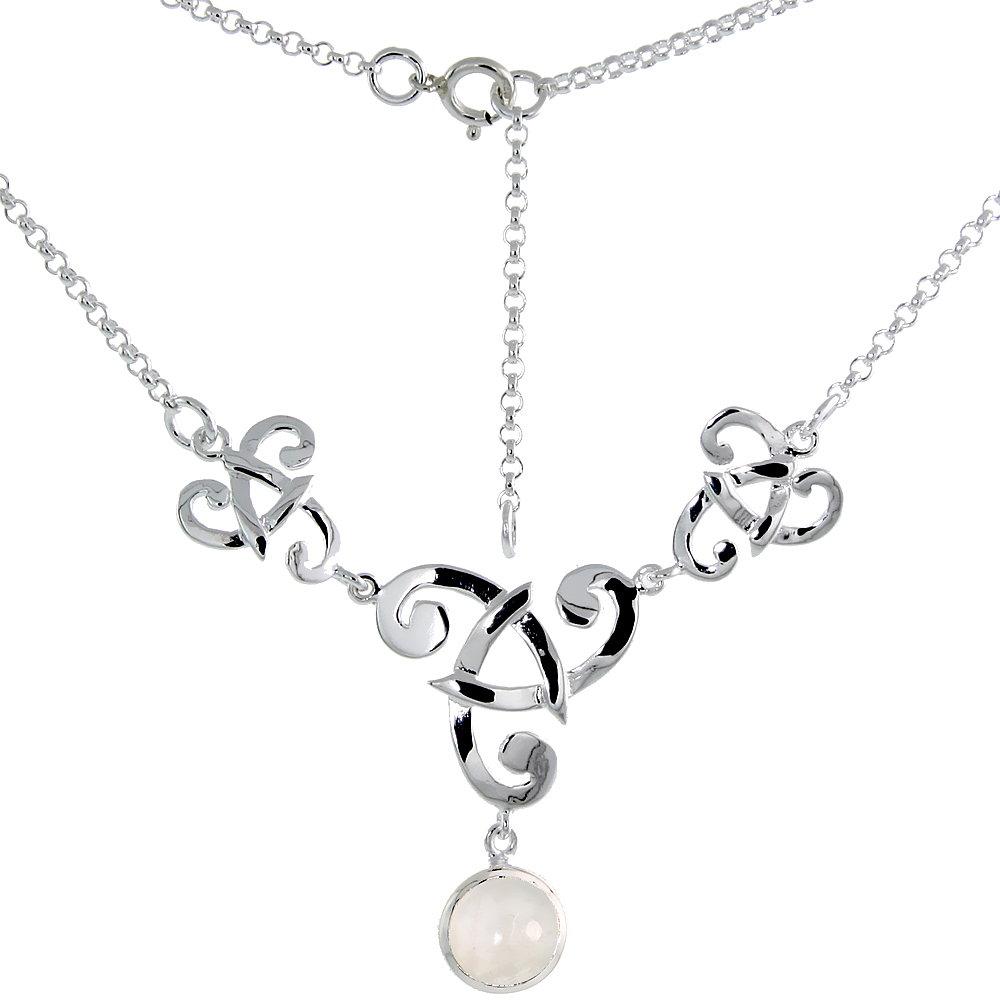 Sterling Silver Celtic Fish Trinity Triquetra Knot Necklace with Natural Moonstone, 16 inch long