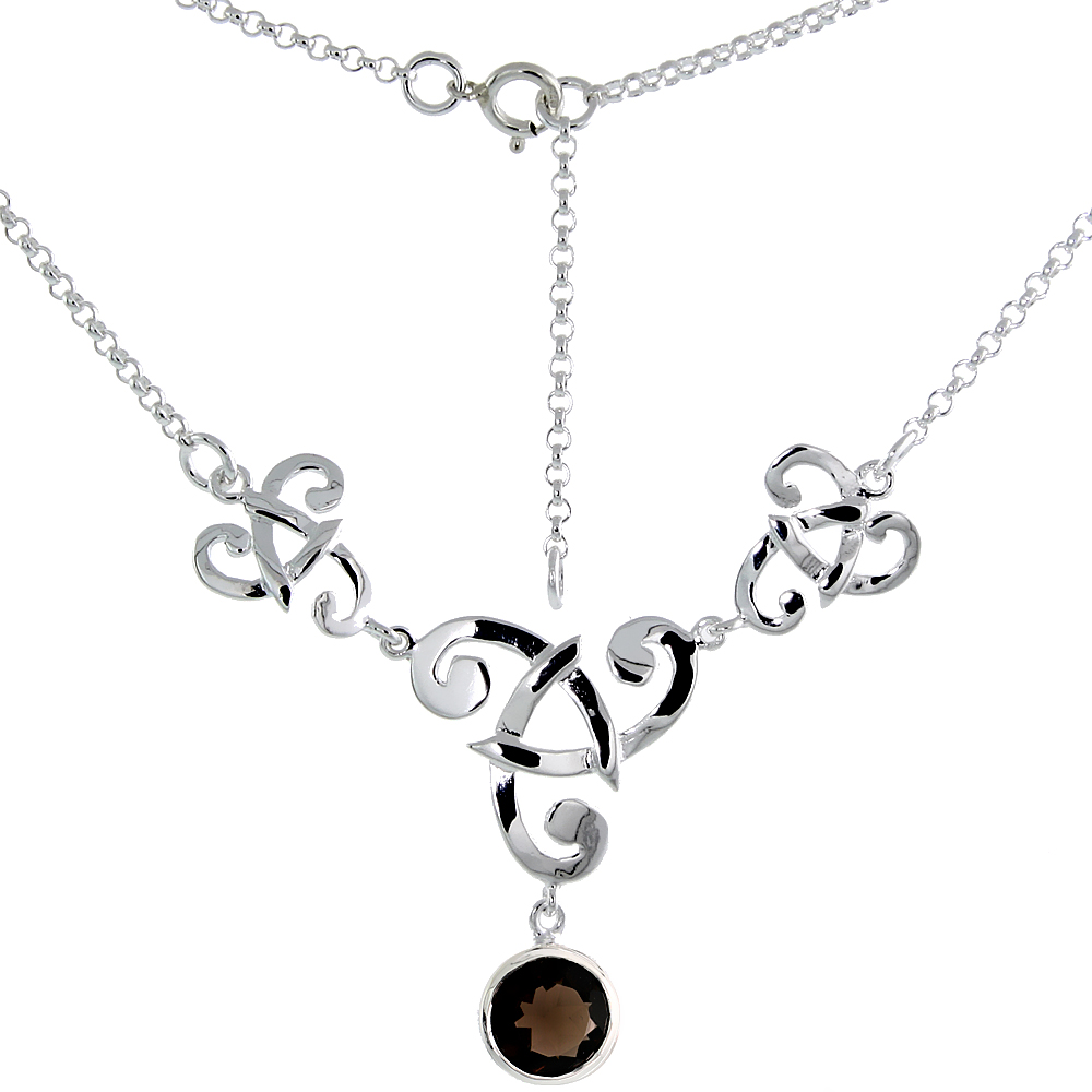 Sterling Silver Celtic Fish Trinity Triquetra Knot Necklace with Natural Smoky Topaz, 16 inch long