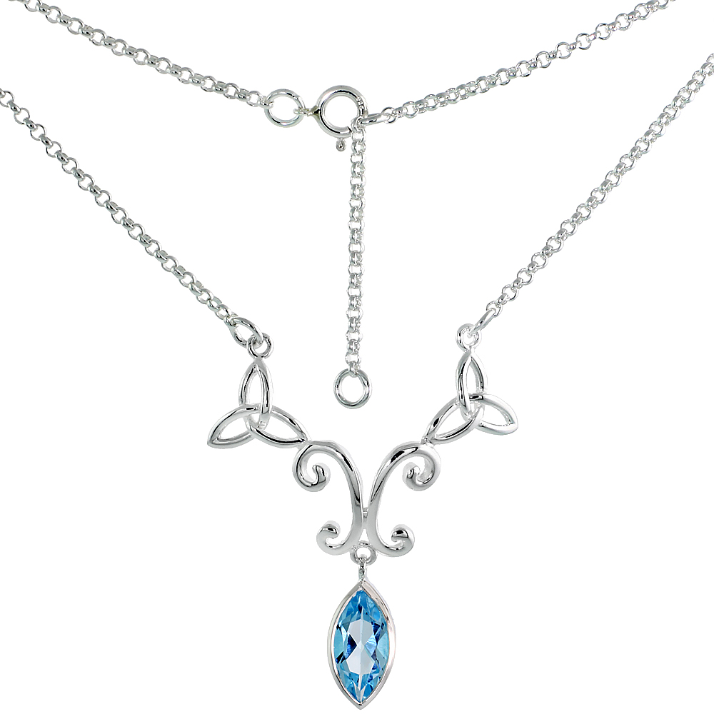 Sterling Silver Celtic Trinity Triquetra Knot Necklace with Natural Blue Topaz, 16 inch long