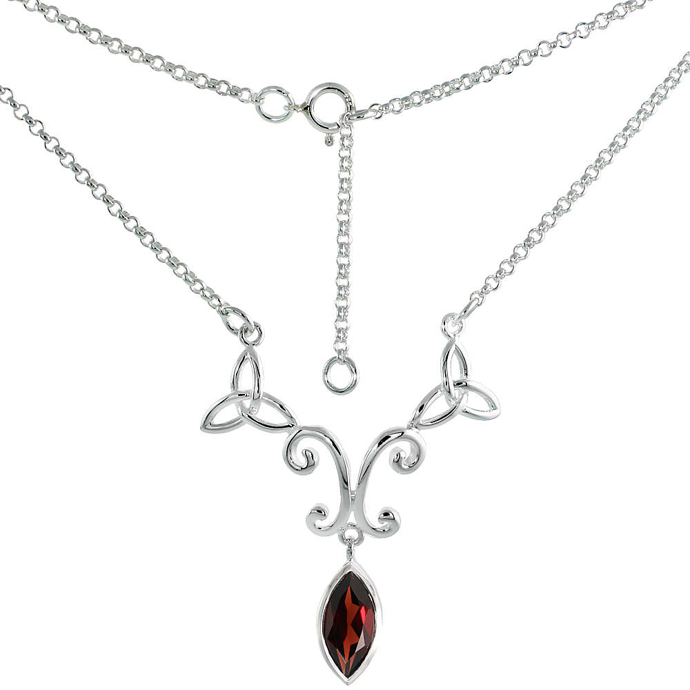 Sterling Silver Celtic Trinity Triquetra Knot Necklace with Natural Garnet 16 inch long