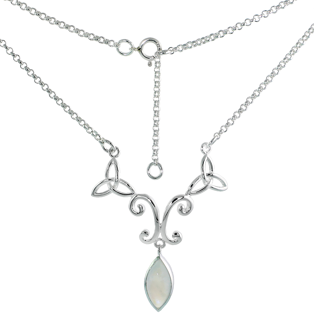 Sterling Silver Celtic Trinity Triquetra Knot Necklace with Natural Moonstone, 16 inch long