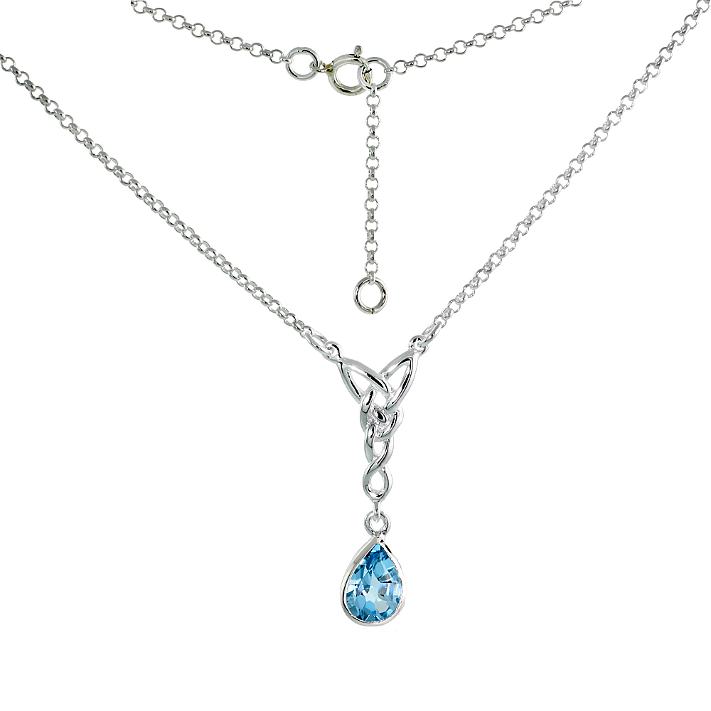 Sterling Silver Celtic Tear Drop Necklace with Natural Blue Topaz, 16 inch long