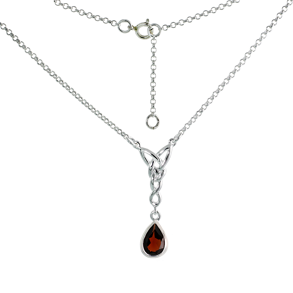 Sterling Silver Celtic Tear Drop Necklace with Natural Garnet 16 inch long