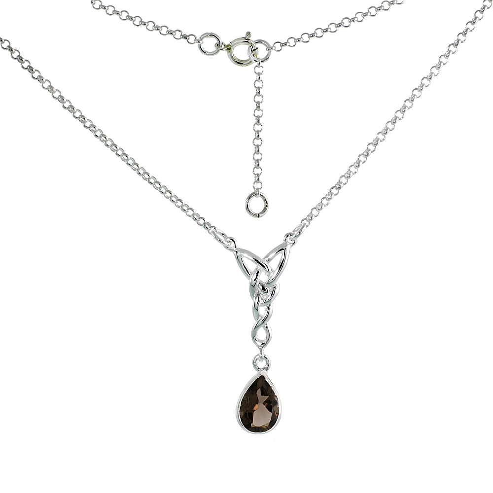 Sterling Silver Celtic Tear Drop Necklace with Natural Smoky Topaz, 16 inch long