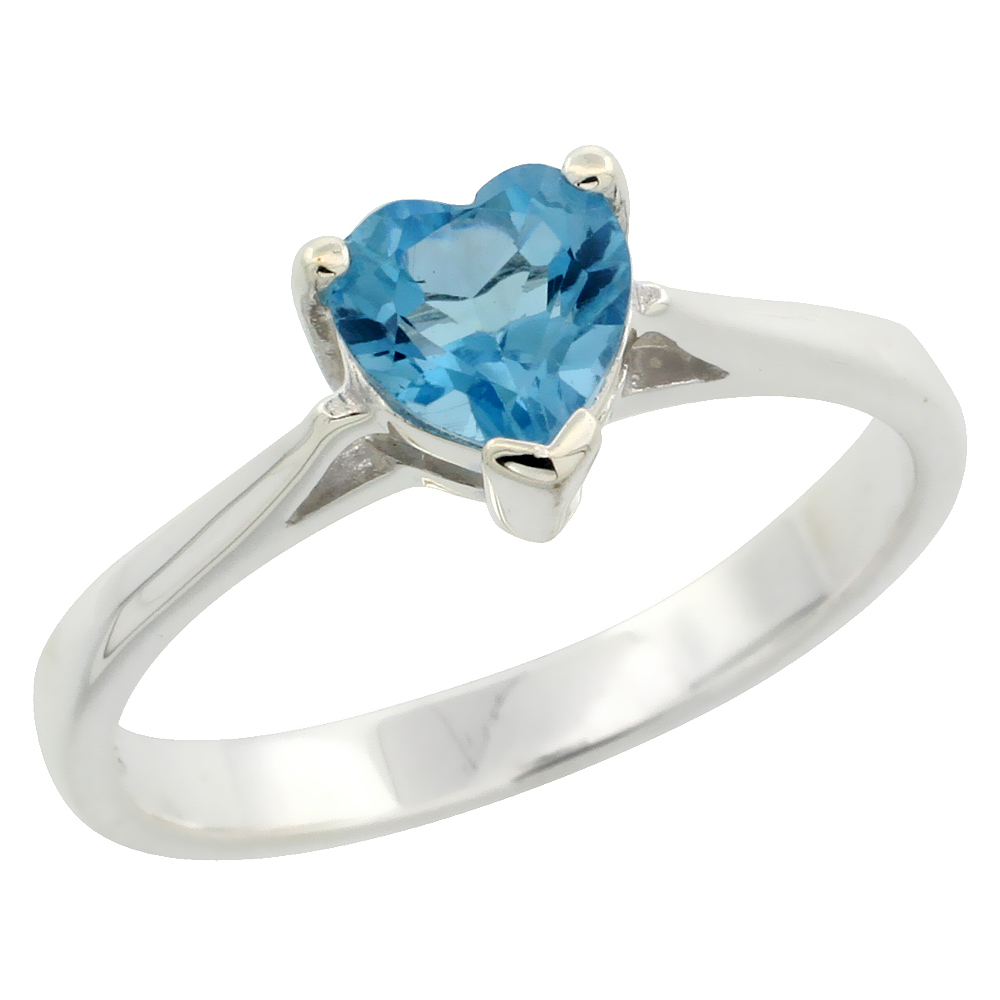 Sterling Silver Blue Topaz 1 ct Heart Solitaire Ring 1/4 inch wide, sizes 6 - 10