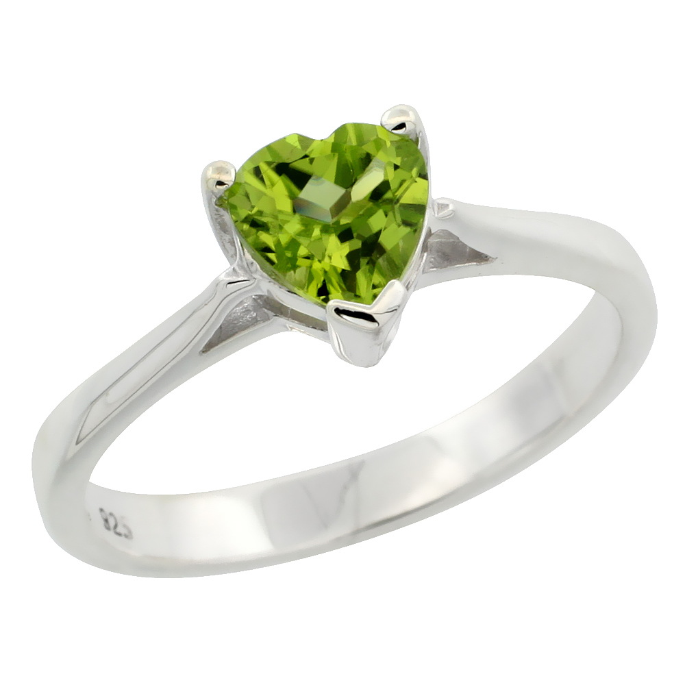 Sterling Silver Peridot 3/4 ct Heart Solitaire Ring 1/4 inch wide, sizes 6 - 10