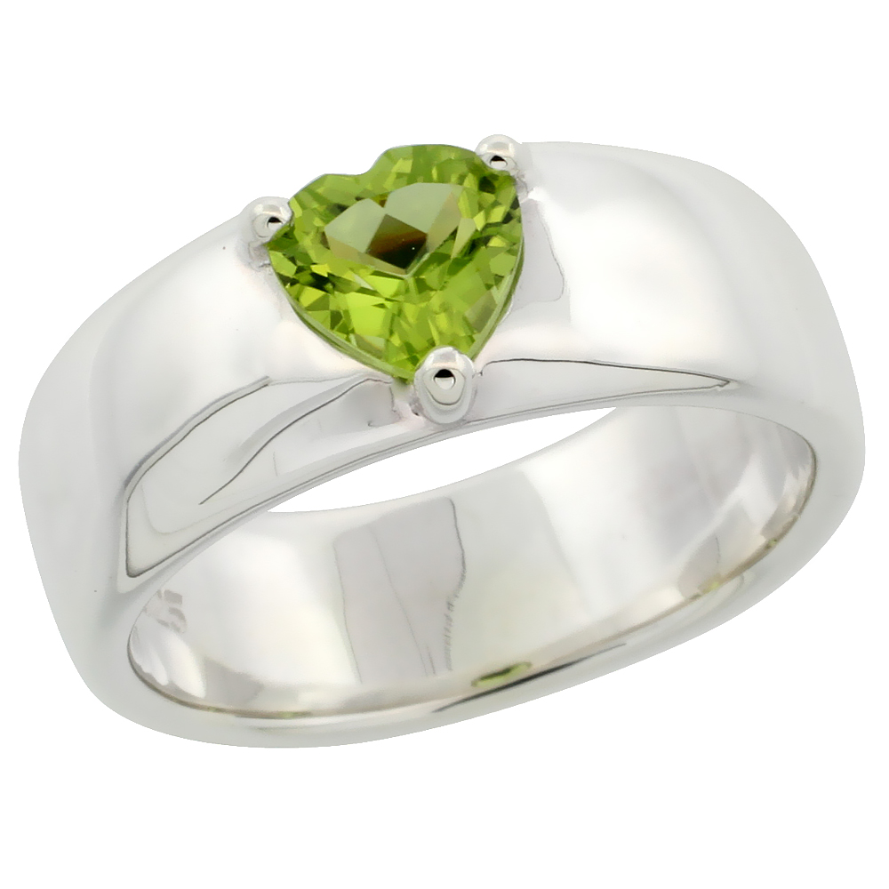 Sterling Silver Peridot 3/4 ct Heart Ring Band 1/4 inch wide, sizes 6 - 10