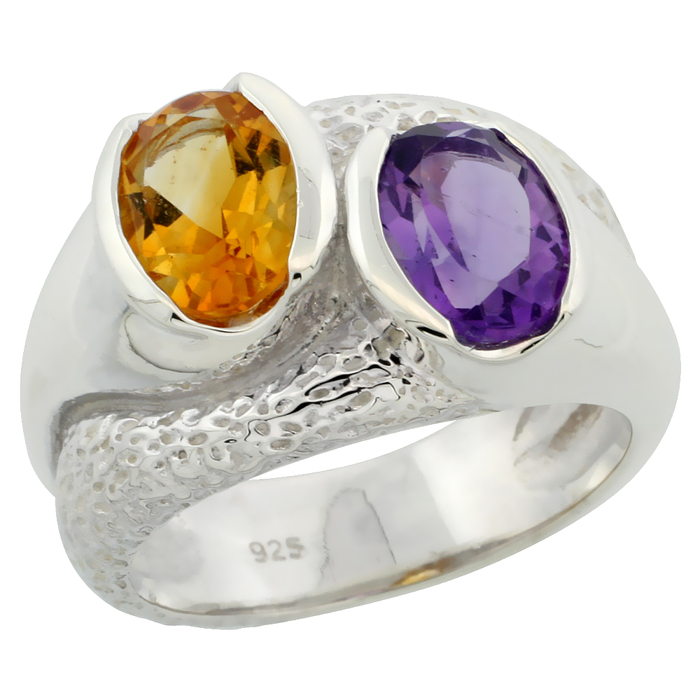 Sterling Silver Citrine &amp; Amethyst Oval two-stone Ring 2.2 cttw 1/2 inch wide, sizes 6 - 10