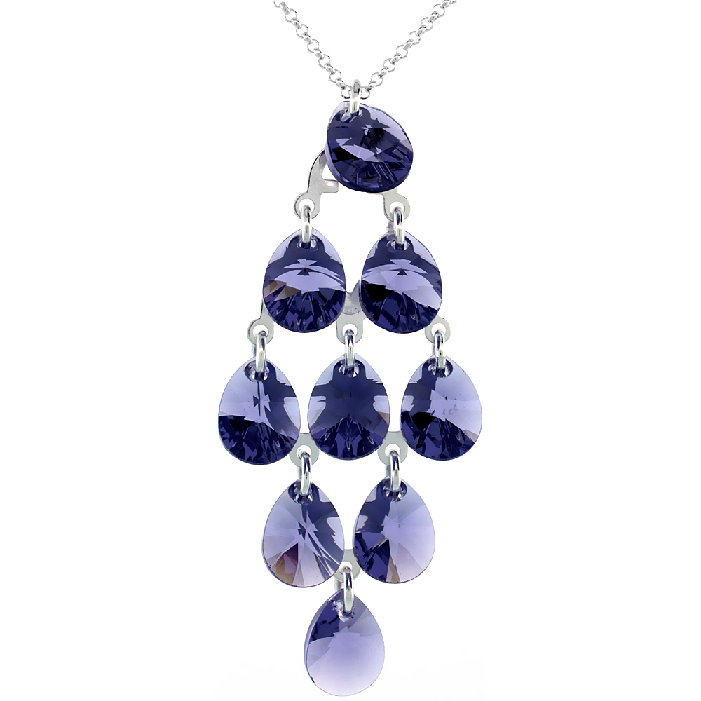 Sterling Silver Tanzanite Swarovski Crystals Chandelier Pendant 16 in. Rolo Chain Link Necklace