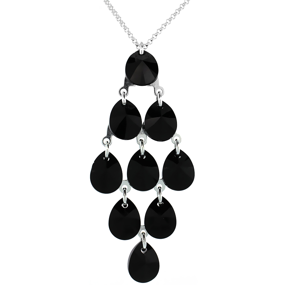 Sterling Silver Black Swarovski Crystals Chandelier Pendant 16 in. Rolo Chain Link Necklace