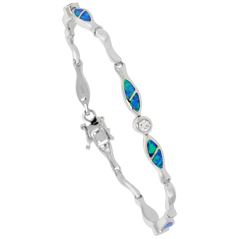 Sterling Silver Synthetic Opal Christian Fish Bracelet with &amp; CZ stone Hand Inlay 7 1/4 inch