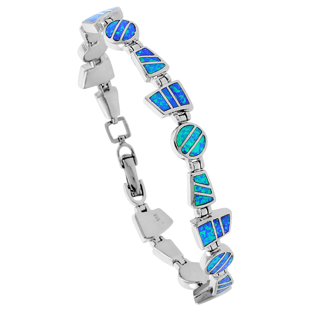 Sterling Silver Synthetic Opal Bracelet Round &amp; Trapezoid links Hand Inlay 7 1/4 inch