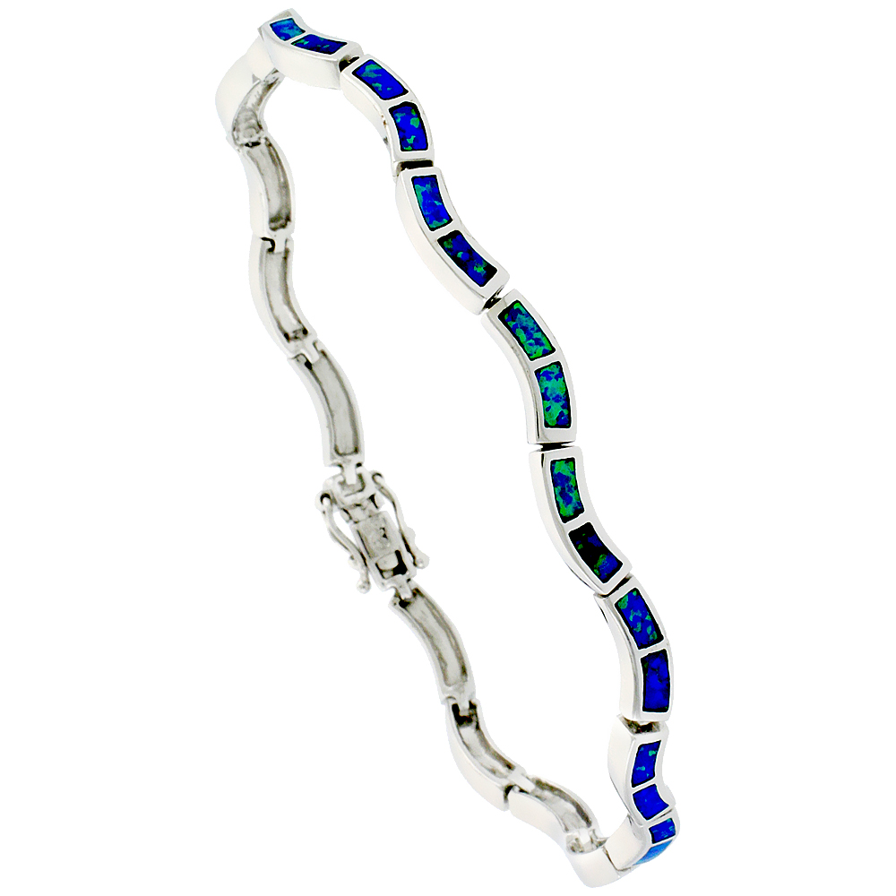 Sterling Silver Synthetic Opal Wave Bracelet Curved Links 1/8 inch (3 mm) wide