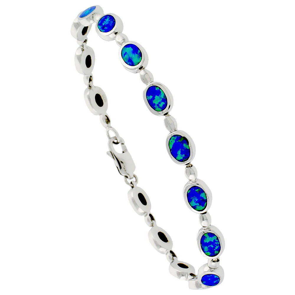 Sterling Silver Synthetic Opal Bracelet Oval Links 1/4 inch (6 mm) Wide