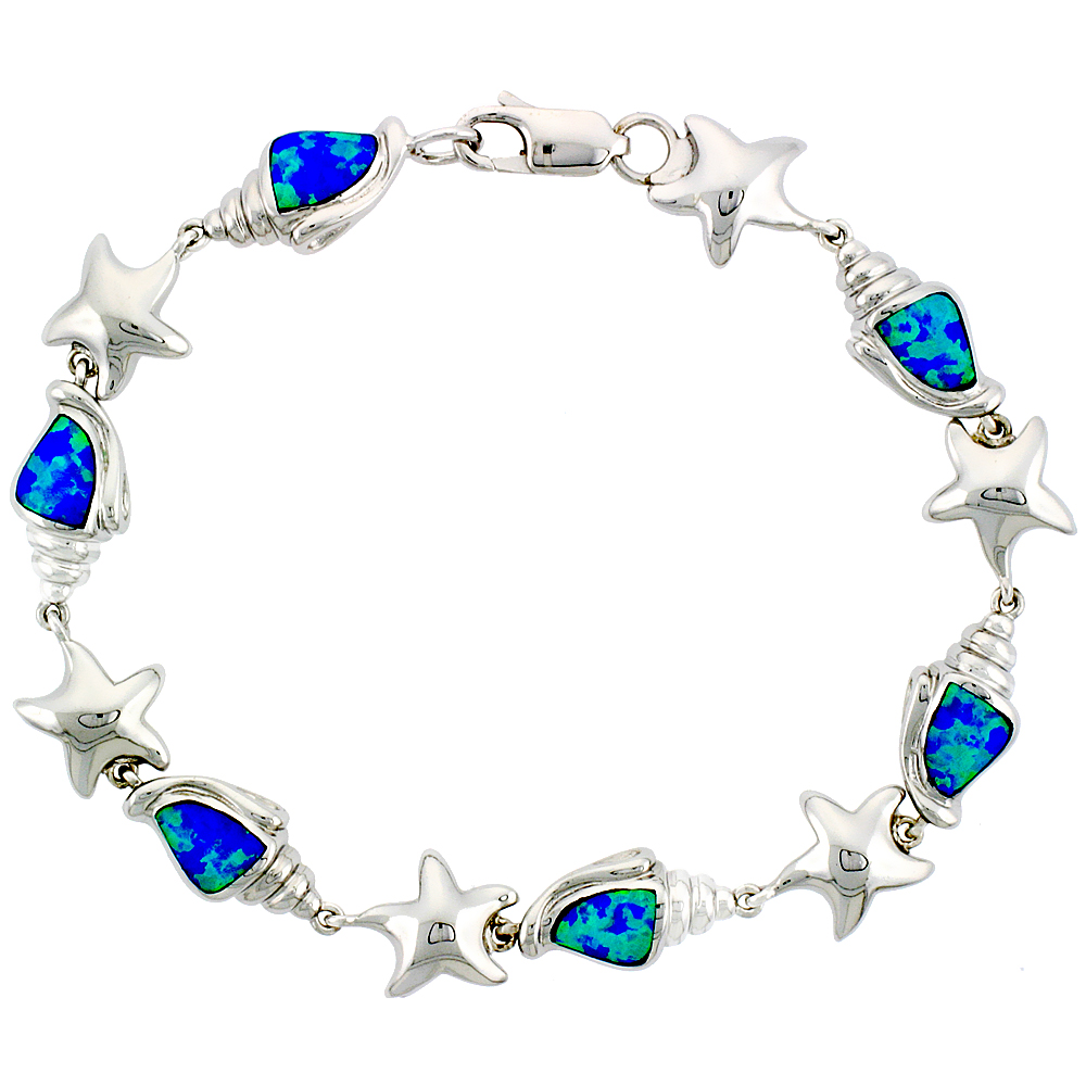 Sterling Silver Synthetic Opal Conch & Starfish Bracelet 3/8 inch (10 mm) Wide