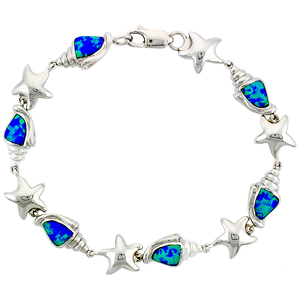 Sterling Silver Synthetic Opal Conch &amp; Starfish Bracelet 3/8 inch (10 mm) Wide