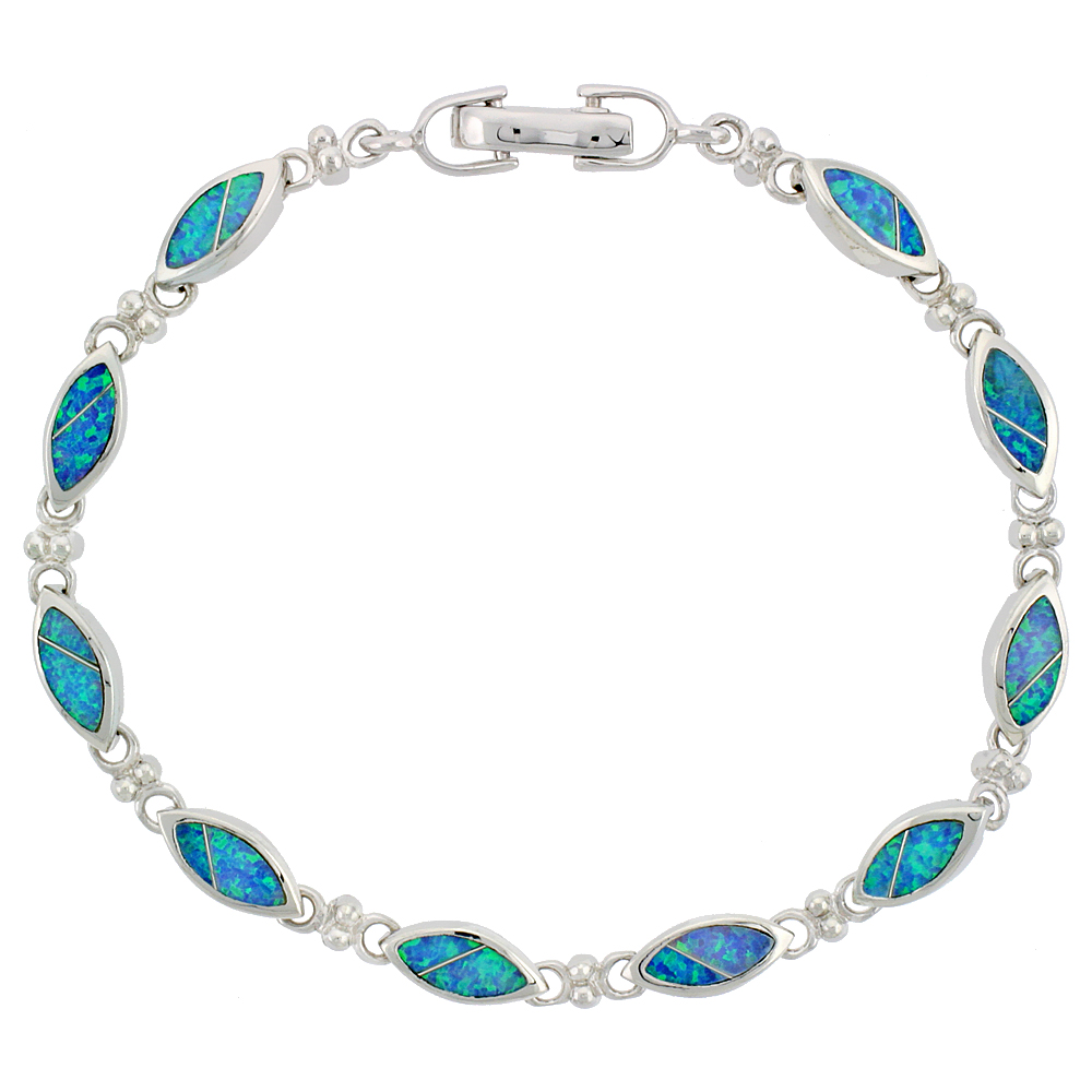 Sterling Silver Synthetic Opal Navette Shaped Link Bracelet Hand Inlay 7 1/4 inch