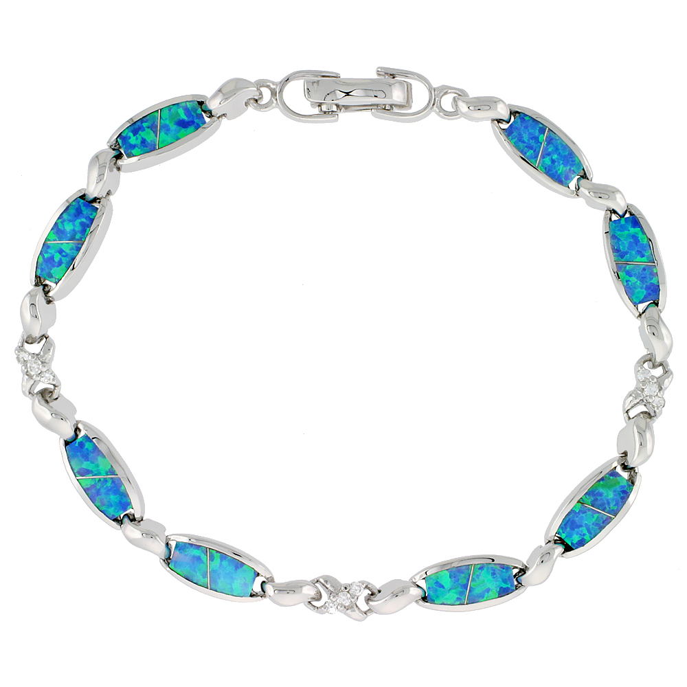Sterling Silver Synthetic Opal Bracelet oval links and Infinity symbols and CZ stones Hand Inlay 7 1/4 inch