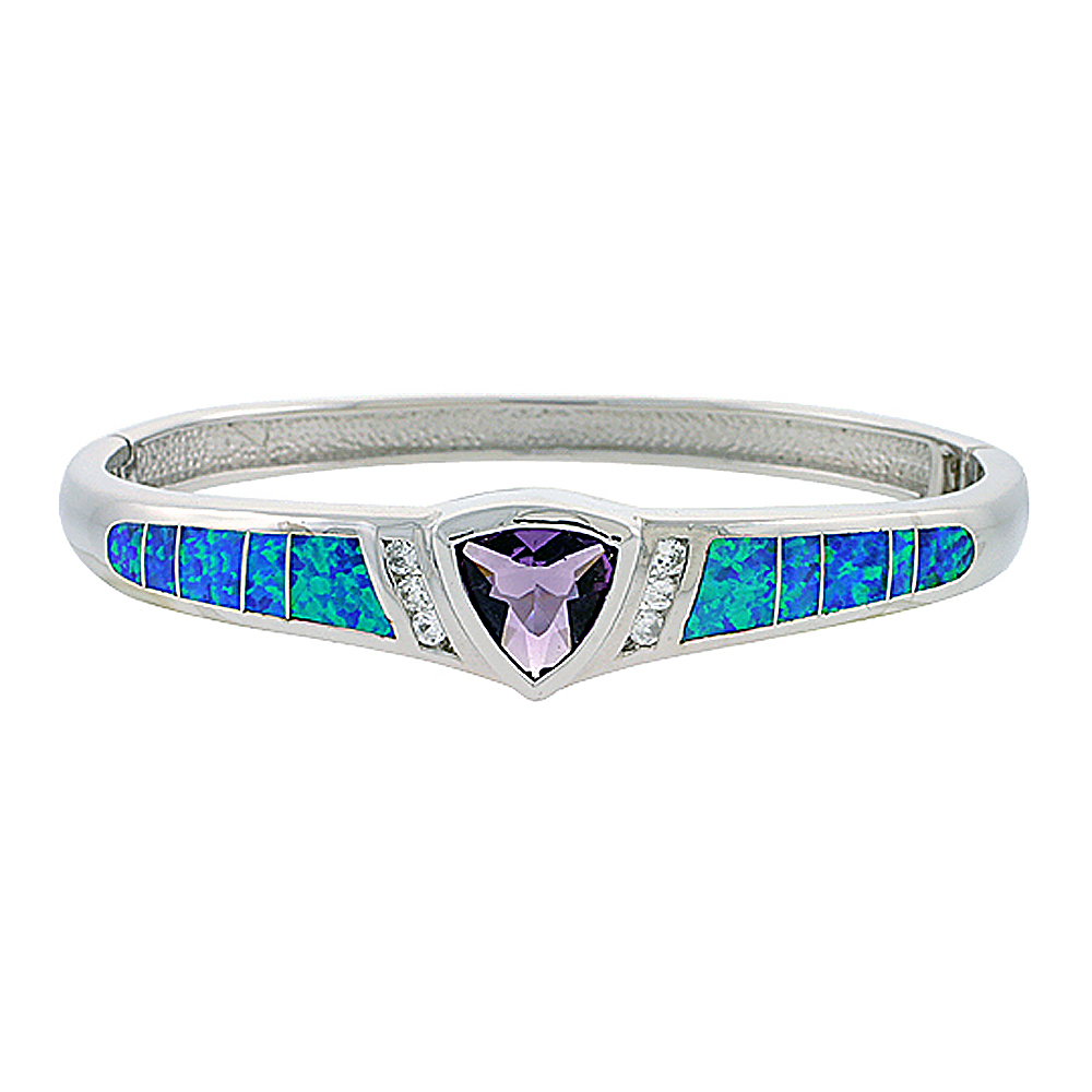 Sterling Silver Synthetic Opal Bangle Bracelet with 10 mm Trillion Shape Amethyst CZ