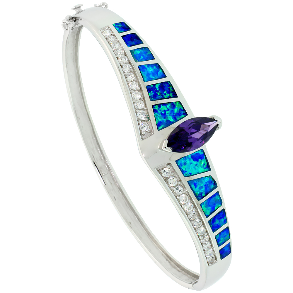 Sterling Silver Synthetic Opal Bangle Bracelet Marquise Cut Amethyst CZ Stone 1/2 inch wide