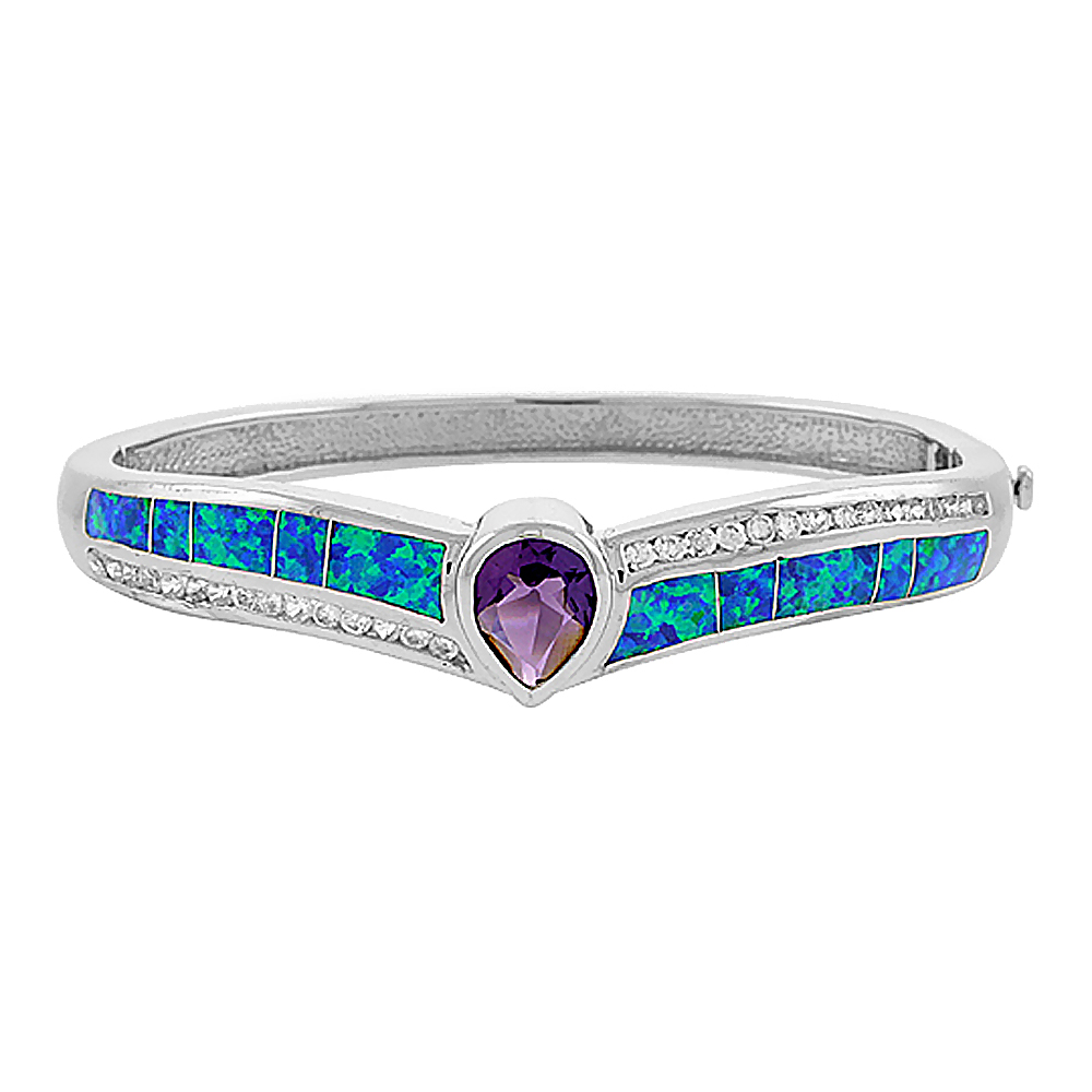 Sterling Silver Synthetic Opal Bangle Bracelet with 10 mm Teardrop Amethyst CZ