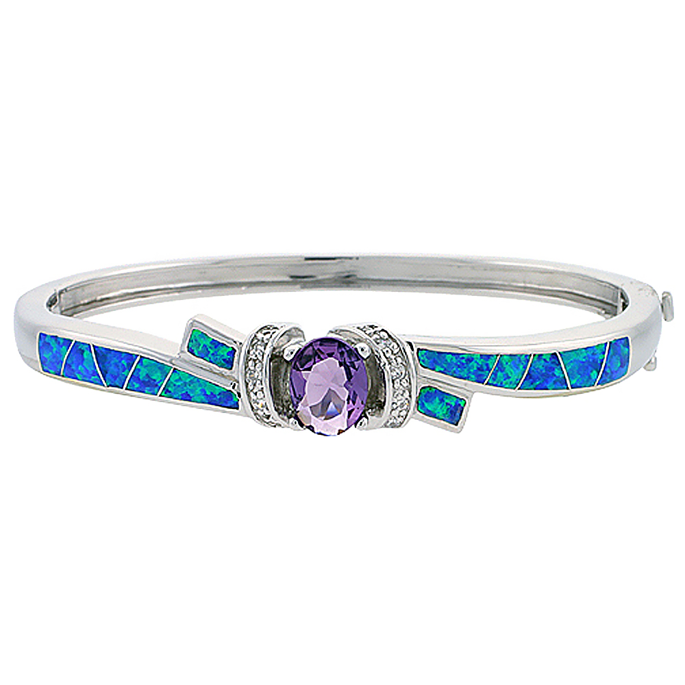 Sterling Silver Synthetic Opal Bangle Bracelet with 10 mm Round Amethyst CZ