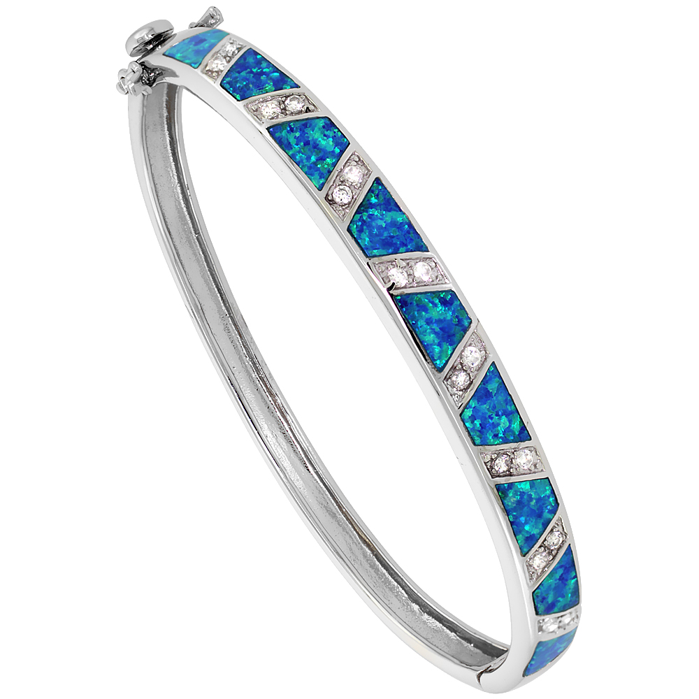 Sterling Silver Synthetic Opal Bangle Bracelet w/ CZ stones 1/4 inch (Hand Inlay 7 mm) wide