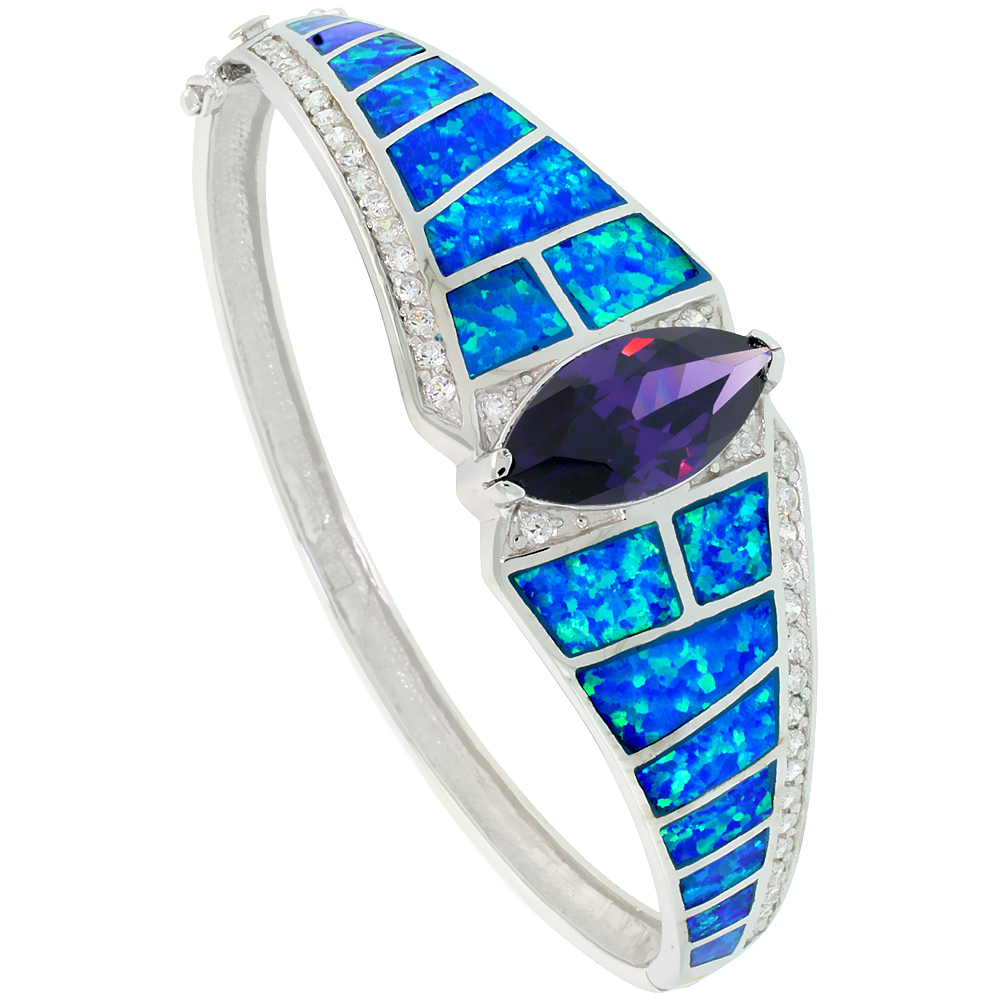 Sterling Silver Synthetic Opal Bangle Bracelet Marquise Cut Amethyst CZ Stone 3/4 inch wide