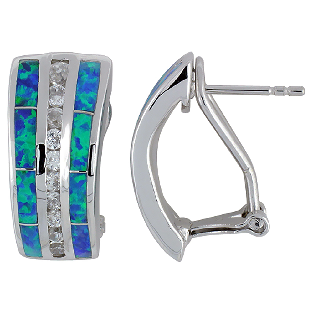Sterling Silver Synthetic Opal Trapezoid Earrings Channel Set CZ Omega back, 7/8 inch long