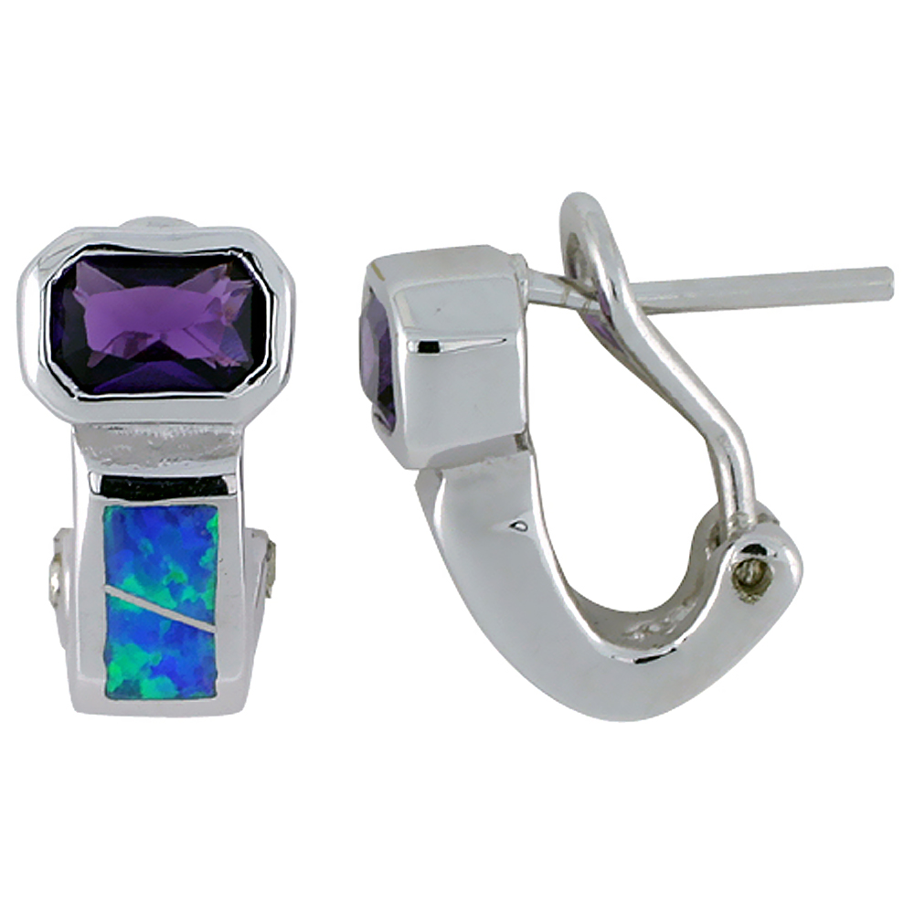 Sterling Silver Synthetic Blue Opal Earrings Omega Back Emerald cut Amethyst CZ Center 9/16 inch