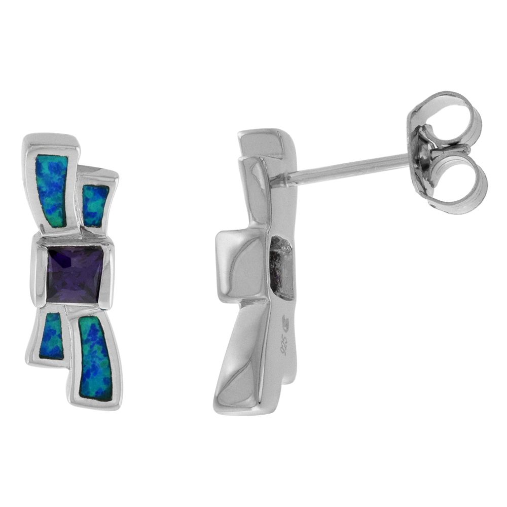 Sterling Silver Synthetic Opal Bow Tie Stud Earrings Square Amethyst CZ 5/8 inch Long