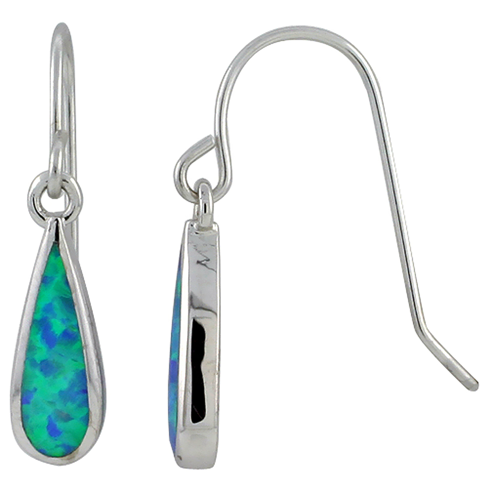 Sterling Silver Synthetic Blue Opal Tear Drop Dangle Earrings, 11/16 inch