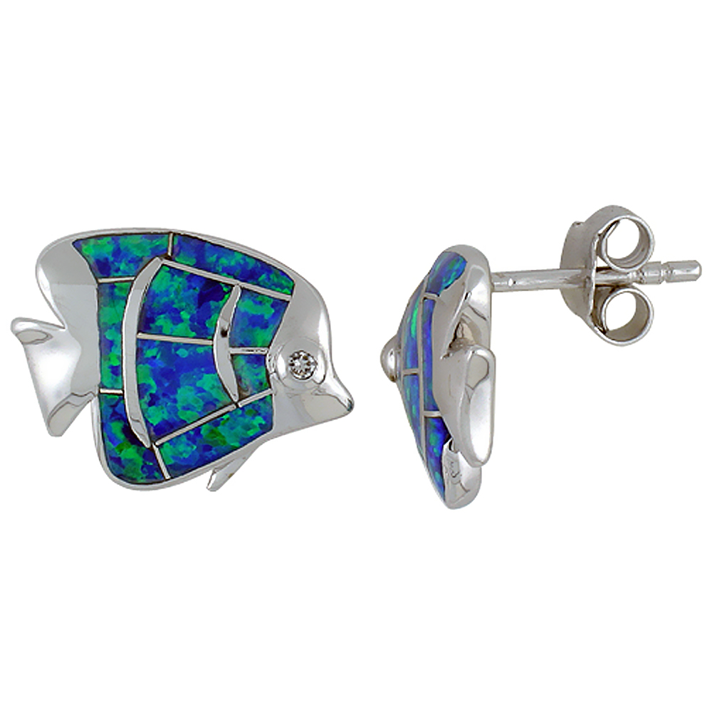Sterling Silver Synthetic Blue Opal Fish Stud Earrings CZ Eyes, 5/8 inch