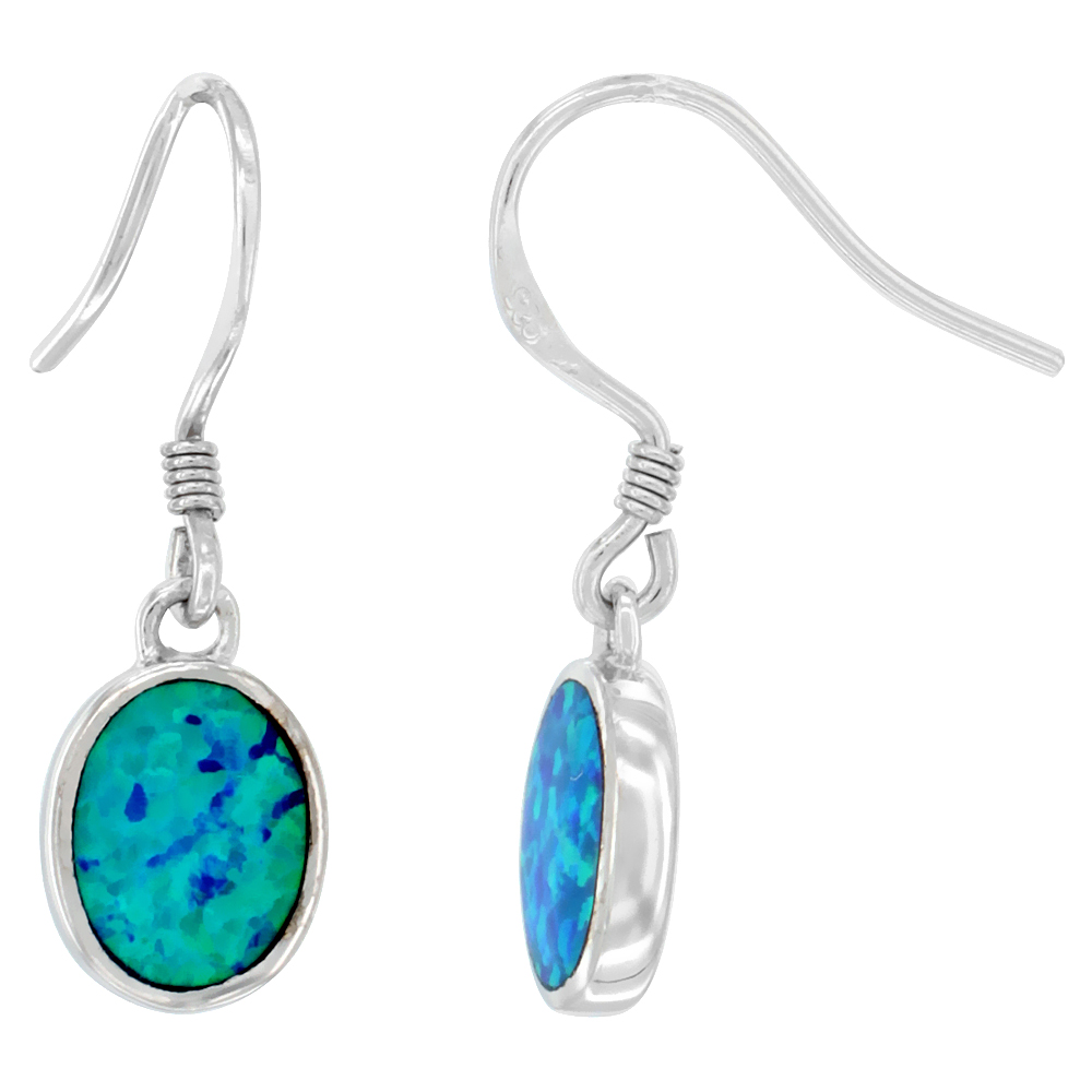 Sterling Silver Synthetic Opal Dangle Earrings Oval Drop, 1 inch Long